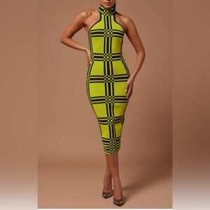 NWT Women Knit Midi Sweater Black Chartreuse High Neck Fitted Checkered Dress S
